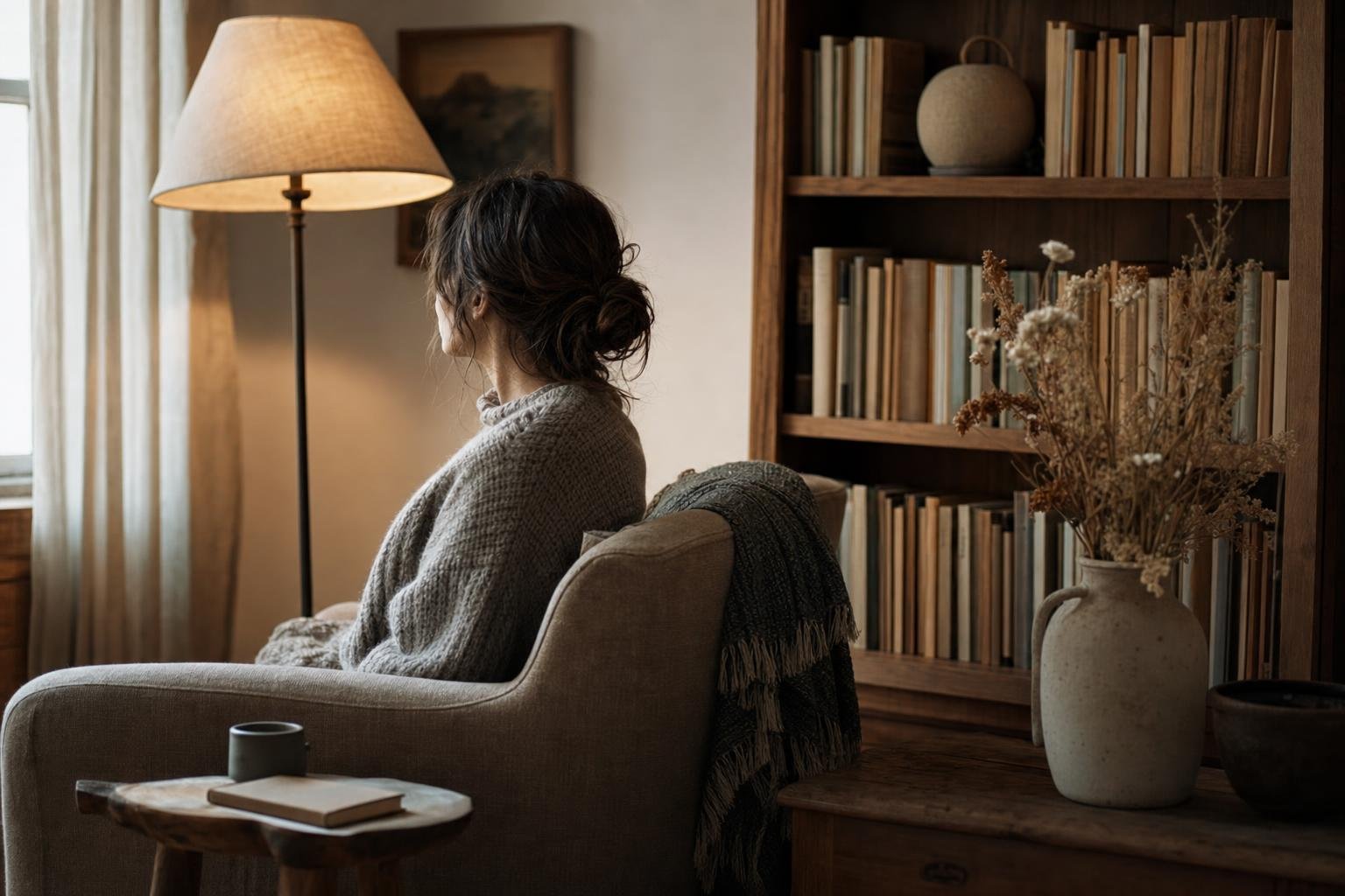A pared-back reading corner with a low shelf of a few well-kept books