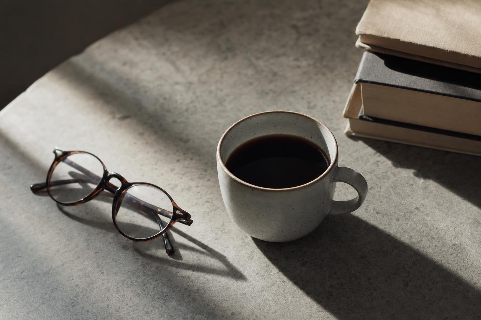 A single cup of coffee on a clear wooden table with nothing else on it