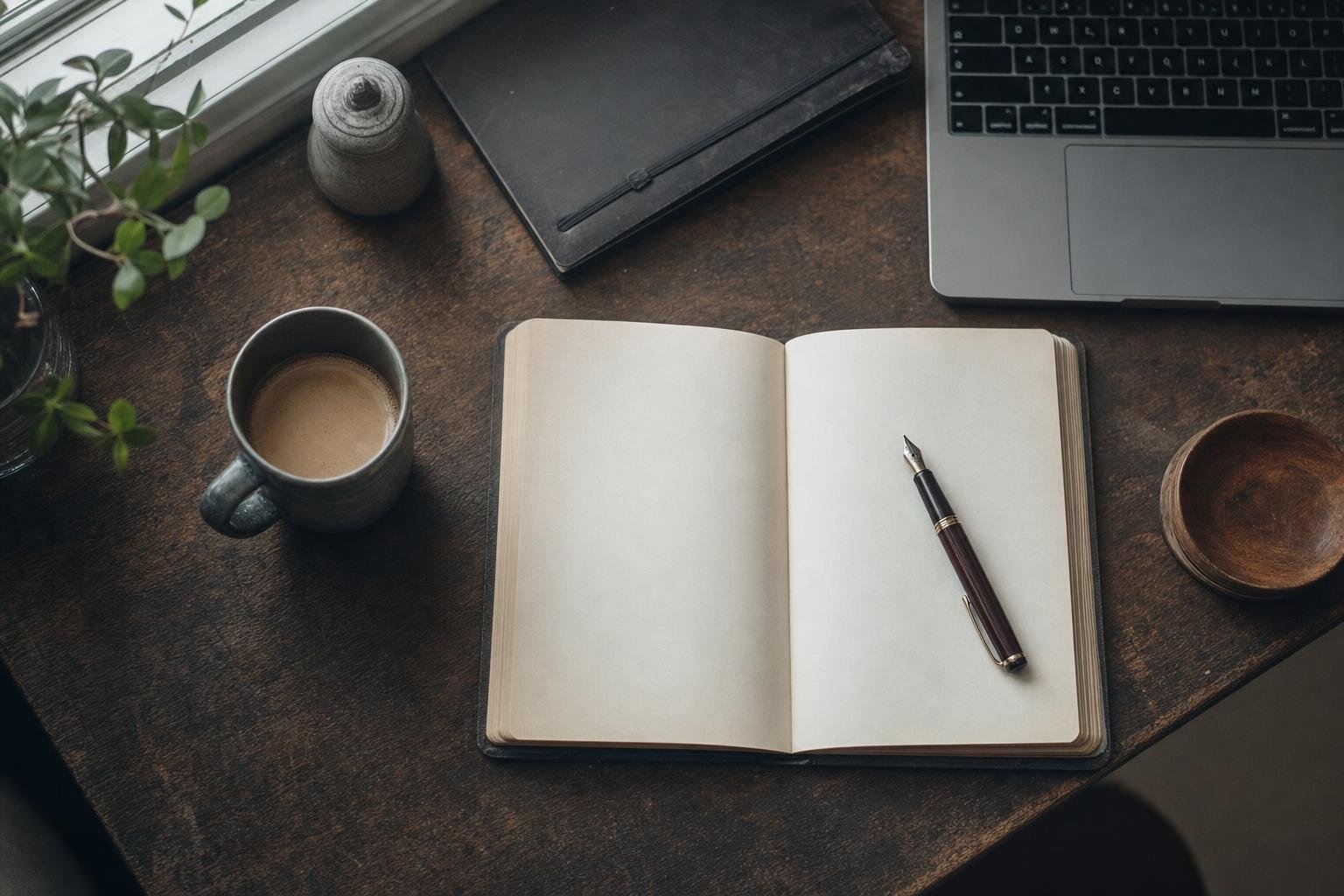 A clear wooden desk holding only a laptop and a single small plant